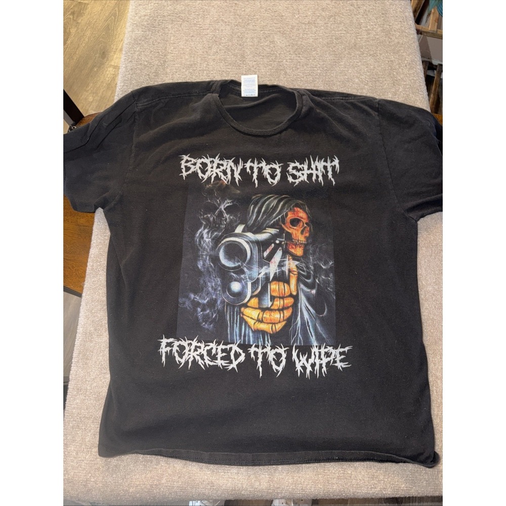 Teen Hearts Funny Graphic T-shirt XL Born To Sh.t Forced To Wipe" Skeleton Gun